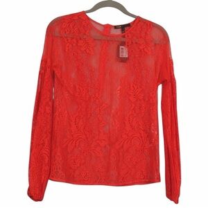 NWT Maje Lace Puff Sleeve Top Red-Orange with Button Details Size 1 Small